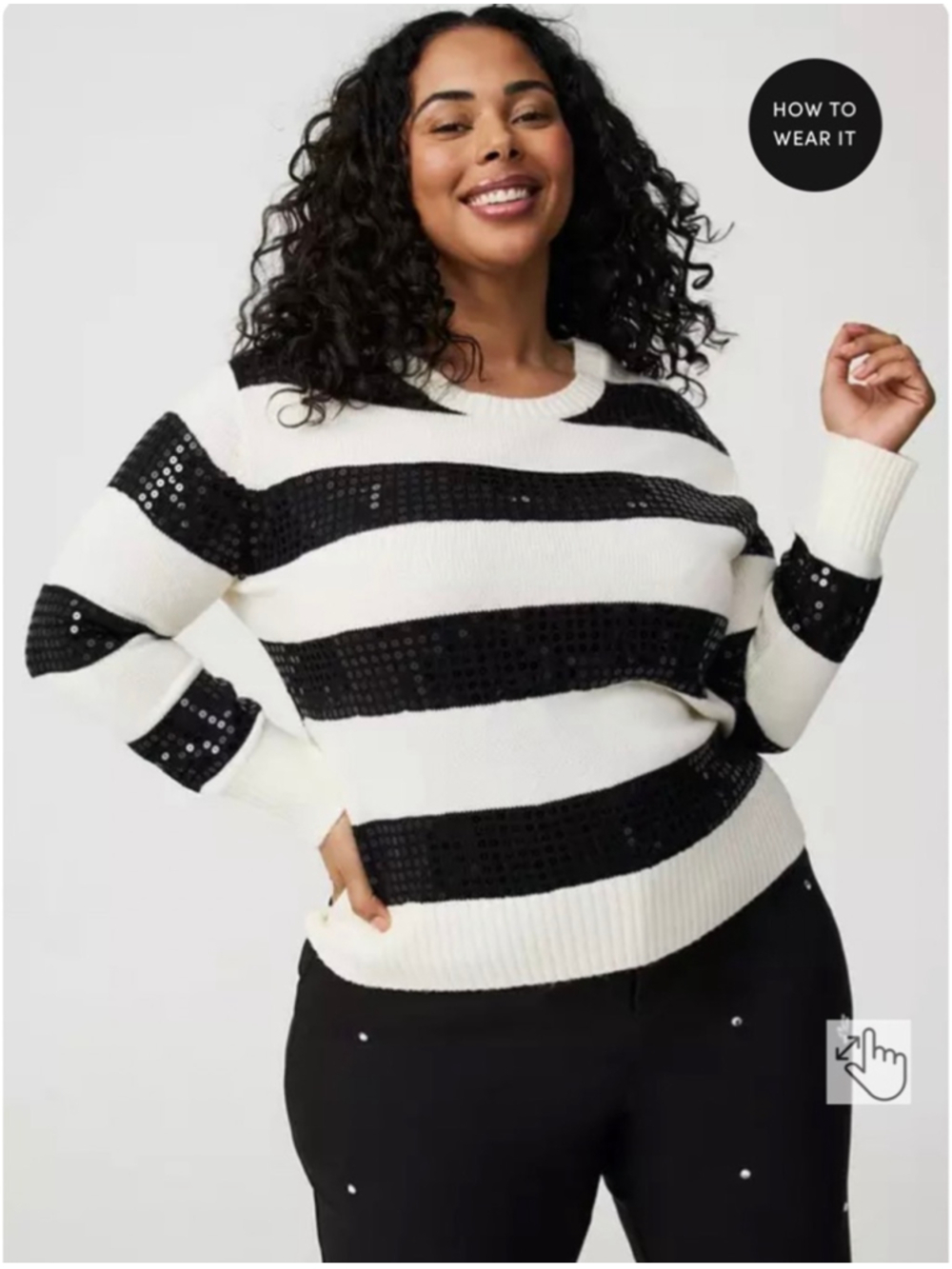 Women's Torrid Plus 3X White & Black Striped Sequin Crew Neck Sweater